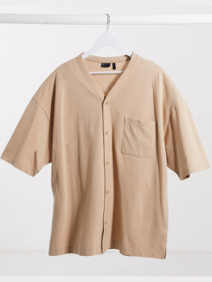 Asos Design Oversized Button Through Baseball Shirt With Pocket In Beige