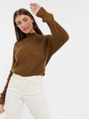 Vila High Neck Knitted Sweater In Brown