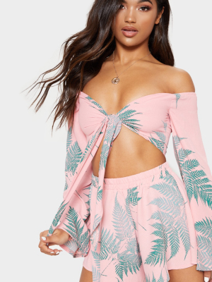 Pink Leaf Print Tie Front Bardot Crop Top