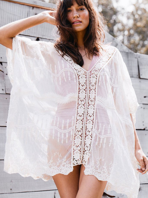 Floral Lace Crochet Sleeved Sheer Kaftan Cover Up