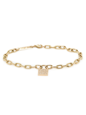 14k Pave Diamond Padlock Bracelet On Oval Link Chain