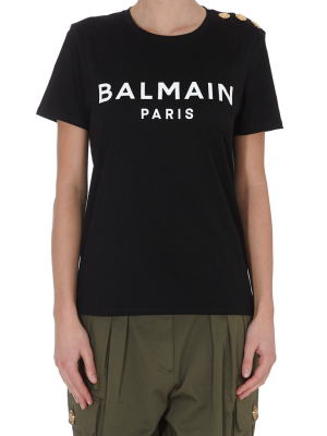 Balmain Logo Print Button Detail T-shirt