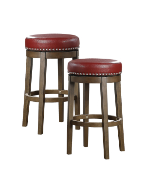 Lexicon Whitby 30.5 Inch Pub Counter Height Wooden Bar Stool With Solid Wood Legs And Faux Leather Round Swivel Seat Kitchen Barstool, Red (2 Pack)