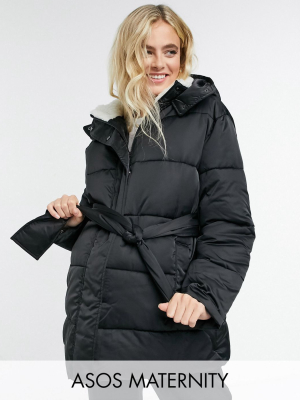 Asos Design Maternity Sateen Belted Puffer Jacket With Sherpa Collar In Black