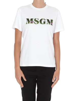 Msgm Floral Logo Printed T-shirt