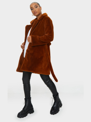 Tan Belted Soft Faux Fur Coat