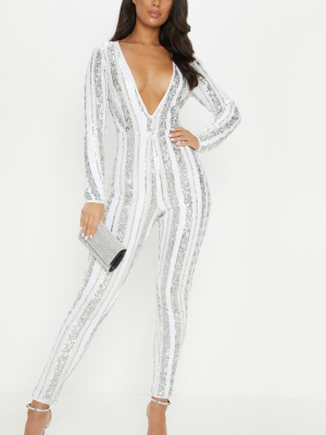 Silver Sequin Stripe Mesh Long Sleeve Jumpsuit