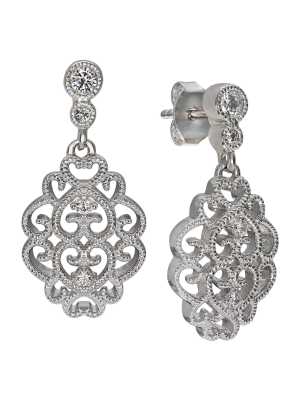 Women's Clear Cubic Zirconia Filigree Post Earrings In Sterling Silver - Gray/clear (19mm)