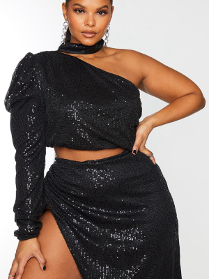 Plus Black Sequin Halterneck Detail One Sleeve...