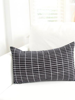 Black Linen Lumbar Pillow With Printed White Grid - 14x22