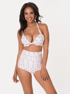 Unique Vintage Pink & Heather Blue Dotted Monroe Halter Swim Top