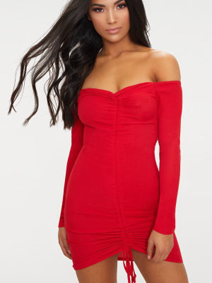 Red Ribbed Long Sleeve Bardot Ruched Bodycon Dress