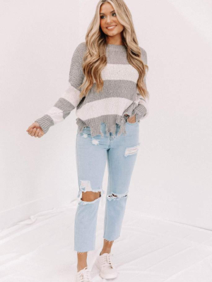 Grey Striped Distressed Sweater