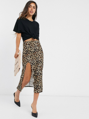 Asos Design Midi Thigh Split Skirt In Leopard Print