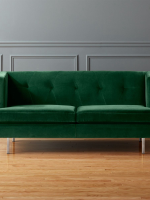Avec Emerald Velvet Apartment Sofa With Brushed Stainless Steel Legs