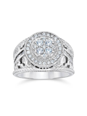 Pompeii3 1 Carat Vintage Halo Diamond Pave Engagement Ring 10k White Gold