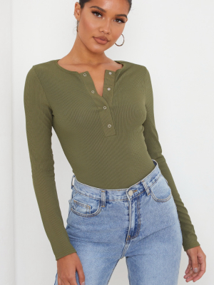 Khaki Long Sleeve Rib Popper Bodysuit