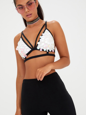 White Sequin Disc Harness Bralet