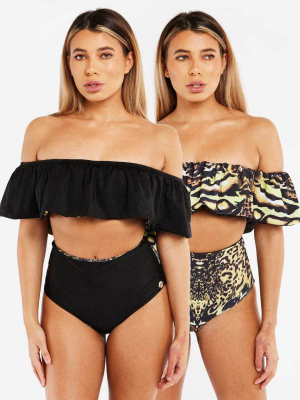 The Laylah High Waisted Reversible Bikini Bottoms - Black / Leopard Print