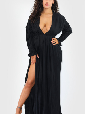 Black Pleated Plunge Split Detail Maxi Dress