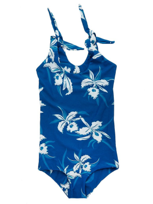 Chuns Reef Shoulder Ties One Piece Swimsuit (kids) - Blue Hawaii Hula Breeze Print