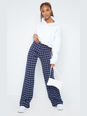 Navy Check Print Wide Leg Pants