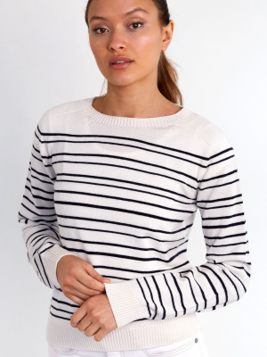 Striped Merino Wool Crew Neck Sweater | Cream/ Navy