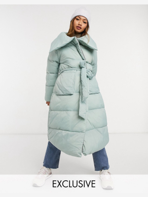 Native Youth Oversized Longline Puffer Coat With Belt And Collar Detail