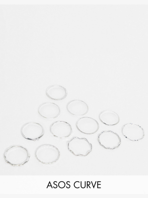 Asos Design Curve Pack Of 12 Rings With Twist Details And Engraved Designs In Silver Tone