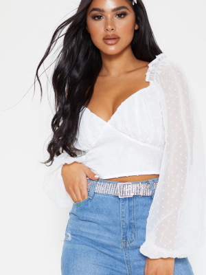 Petite White Dobby Mesh Chiffon Sweetheart Blouse