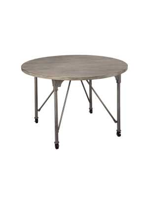 Metal Dining Table With Circular Wooden Top And Caster Wheels Gray - Benzara