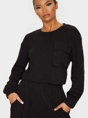 Black Long Sleeve Pocket Detail Waffle Knit...