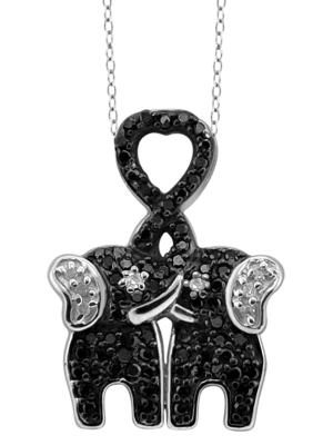 Women's Sterling Silver Accent Round-cut Black And White Diamond Pave Set Elephant Pendant (18")