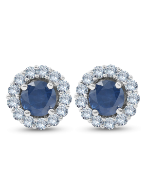 Pompeii3 2 1/5 Ct Halo Diamond & Blue Sapphire Studs 14k White Gold