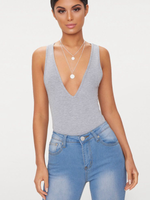 Basic Grey Marl Jersey Plunge Neck Thong Bodysuit