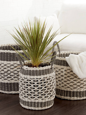 Olivia & May Set Of 3 Large Round Lattice Design Plastic Rope Storage Baskets Gray/white