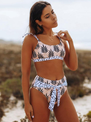 Tropical Printed High Waist Tie Strap Brazilian Two Piece Bikini Swimsuit