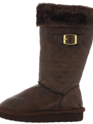 Aling83k Brown Quilted Faux Fur Kids Boot