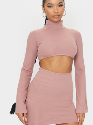 Mauve Ribbed Flare Sleeve High Neck Cut Out...