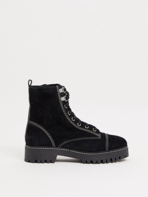 River Island Suede Lace Up Boots With Contrast Stitches In Black