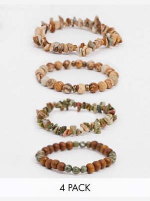 Asos Design Beaded Bracelet Pack With Jasper And Unakite Semi Precious Stones In Earthy Tones