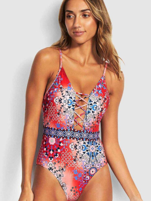 Ethnic Floral Deep V Neck One Piece Swimsuit