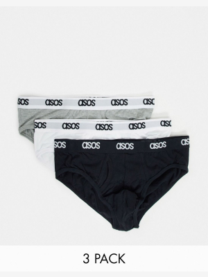 Asos Design 3 Pack Briefs In Black White & Gray