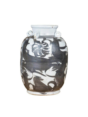 Black Four Loop Handle Jar, Twisted Flower Motif