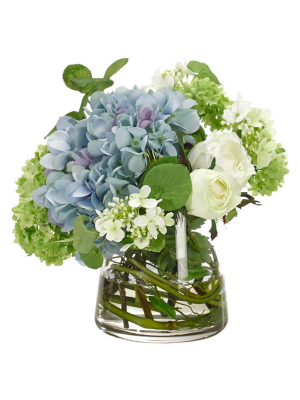 Blue Hydrangea And White Roses In Glass Pyramid