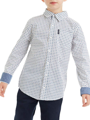 Boys' White/blue Long-sleeve Square Print Button-down Shirt (sizes 8-18)