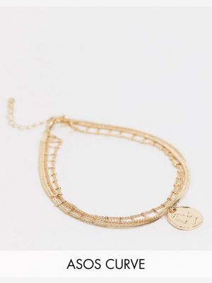 Asos Design Curve Multirow Anklet With Coin Charm And Snake Chain In Gold Tone