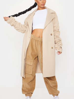 Camel Maxi Ruched Sleeved Trench Coat