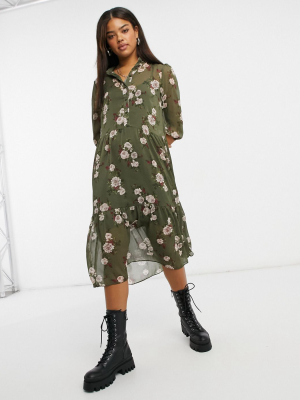 New Look Chiffon Midi Shirt Dress In Khaki Floral