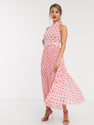 Style Cheat Halterneck Pleated Midaxi Dress With Belt In Contrast Pink Polka